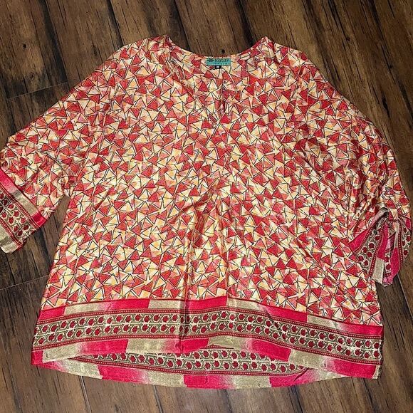 Katak Design Size Medium Funky Printed Red and Orange Blouse - Picture 2 of 5